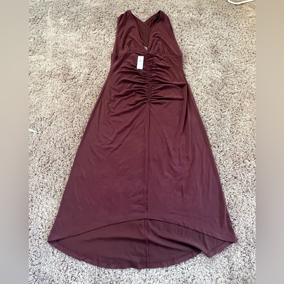 NWT new medium Anthropologie ruched v neck cross strap dress brown modal stretch - Picture 3 of 16